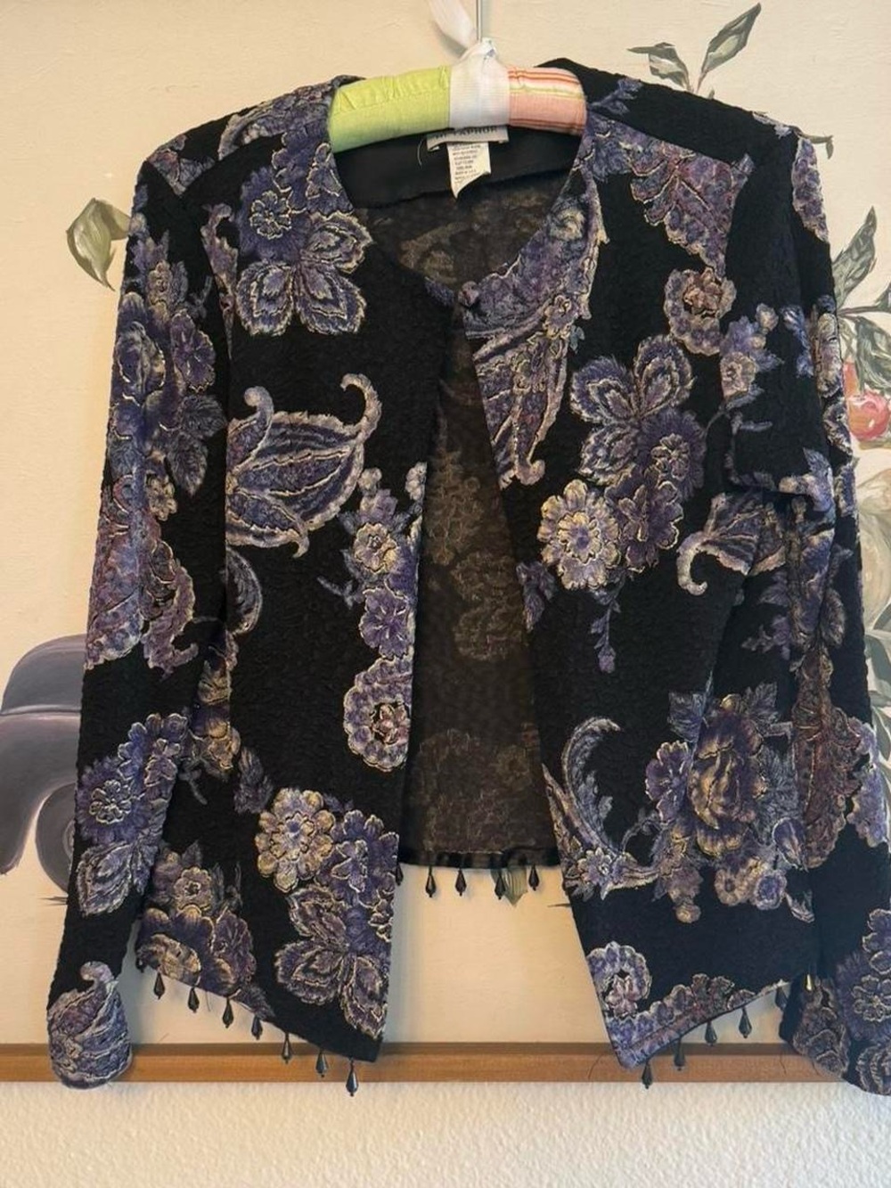 VTG‎ 90s Y2K Women's Black & Purple Floral Evening Jacket with Beaded Fringe
